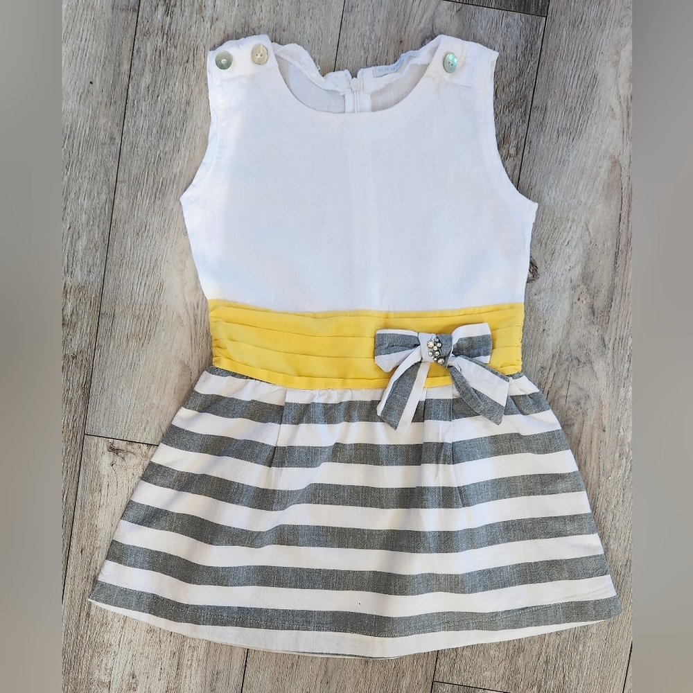 Pilar Batanero girls white yellow and grey stripe dress